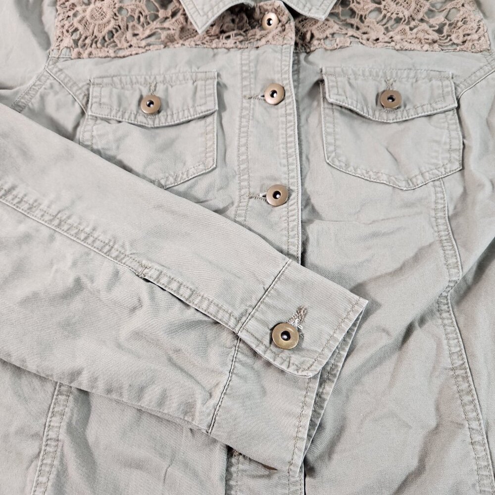 Coffee Shop Womens XL Jacket All Cotton Lace Shoulders Button Up Green FastShip - Picture 4 of 13